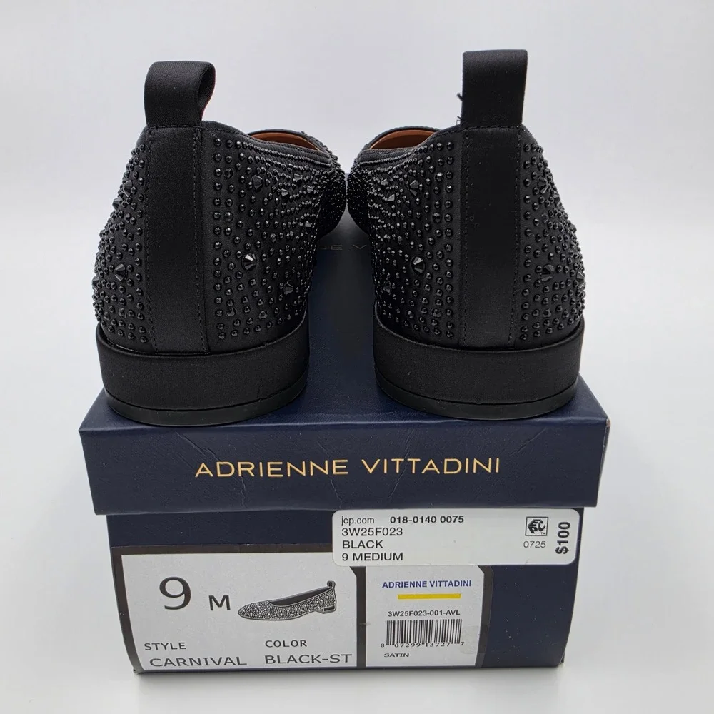 Adrienne Vittadini Carnival Black Satin Rhinestone Flats Shoes 9M 3W25F023 NWB